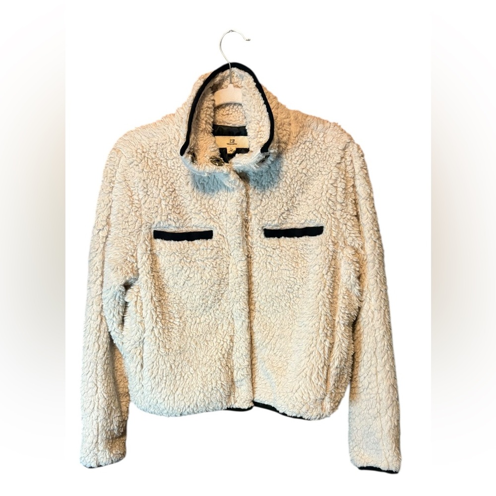 Thread & Supply Cream Teddy Jacket Black Trim Cozy Fleece Size Medium - Picture 4 of 8